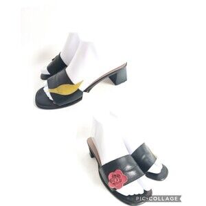 Toscana Vintage Leather Sole Black Flower & Leaf Slides Low Block Heel Sandals